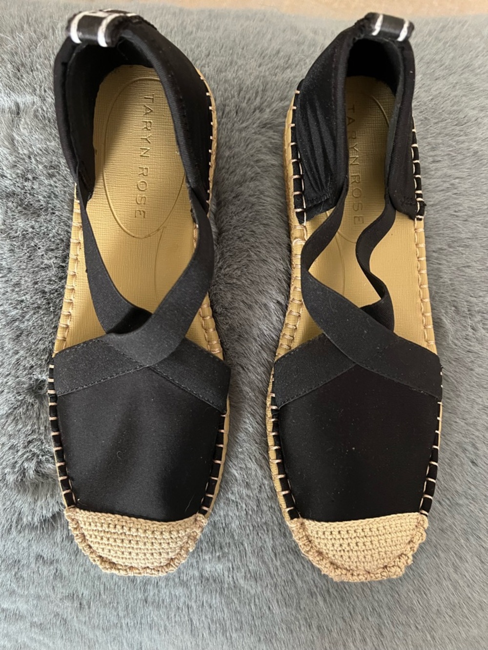 Taryn Rose Black Espadrille Slip-On Flats with Crochet Toe